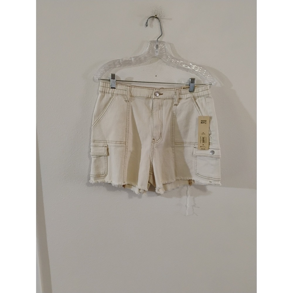 Madden NYC High Rise Utility Shorts Ecru Cargo Denim Frayed Hem XL 15-17 New